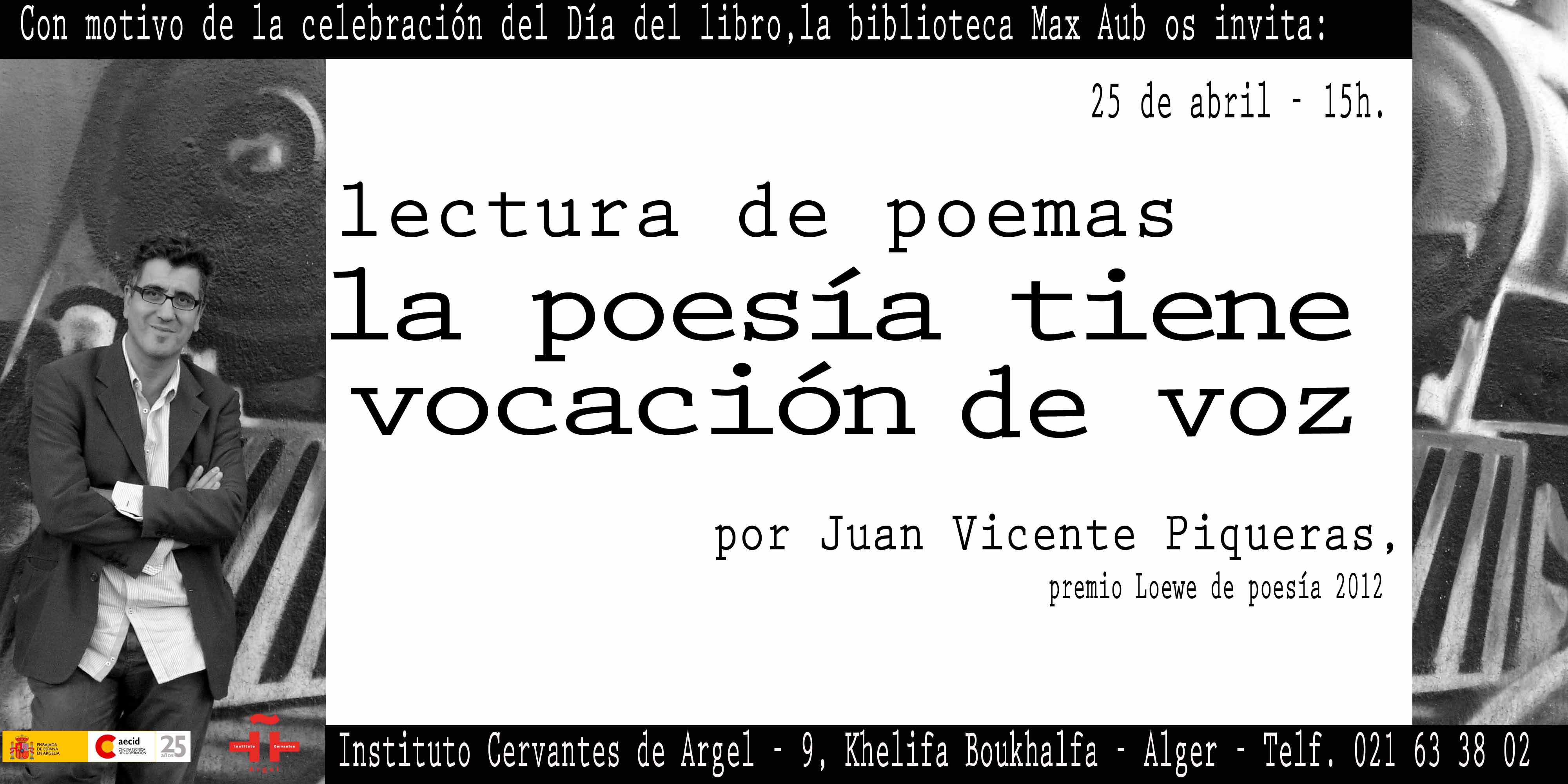 Invitación recital poetico Juan Vicente Piqueras, 25 de abril 2013