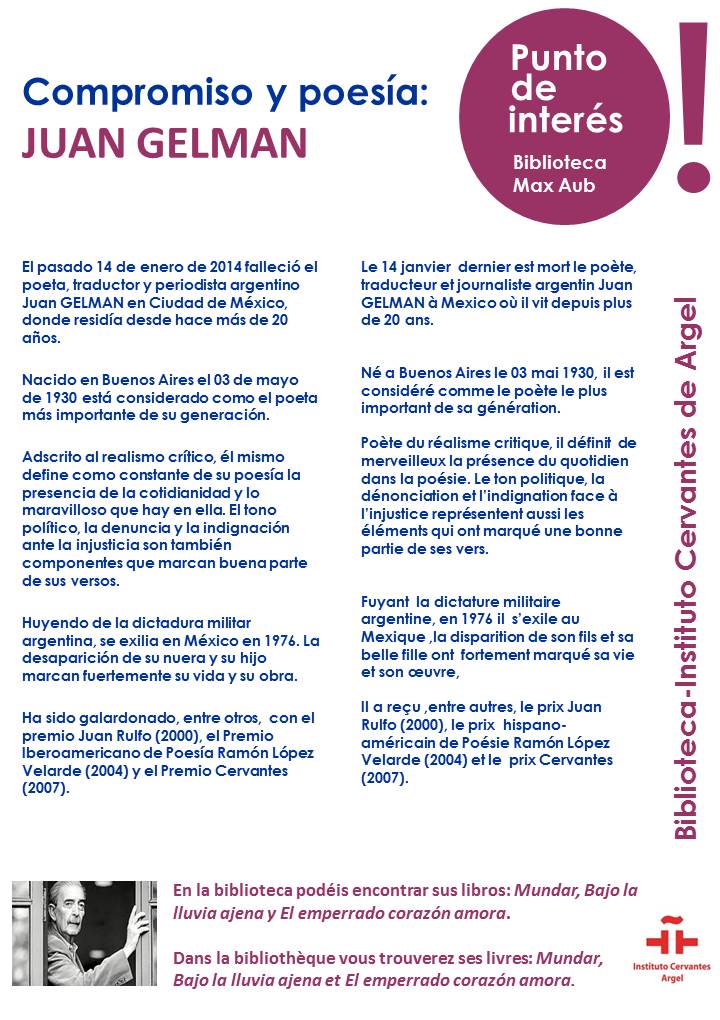 Cartel del punto de interés de frebrero sobre Juan Gelman. Biblioteca Max Aub, Argel