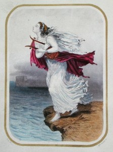 La poeta Safo, tirándose al mar. Grabado de Mme Gervais, 1849. Imagen por cortesía de Britannica ImageQuest 