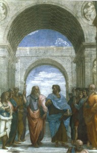 La Escuela de Atenas (detalle central con Platón y Aristóteles). Rafael (1509-1510). Imagen por cortesía de Britannica ImageQuest