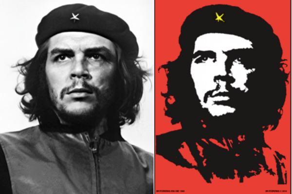 Imagen izquerda: Alberto Korda. Heroic Guerilla Fighter (Guerrillero Heróico), 1960. Imagen derecha: Jim Fitzpatrick. Che Guevara Poster (Retrato del Che Guevara), 1967.