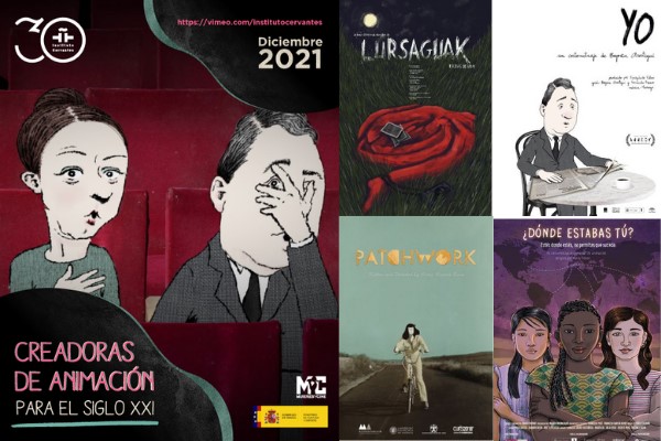 Imagen del ciclo de cine "Creadoras de animación para el siglo XXI", junto a carteles de las animaciones "Lursaguak", "Yo", Patchowork" y "¿Dónde estavas tú"
