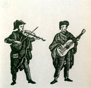 Spanish musicians playing vihuela and fiddle (19th century)