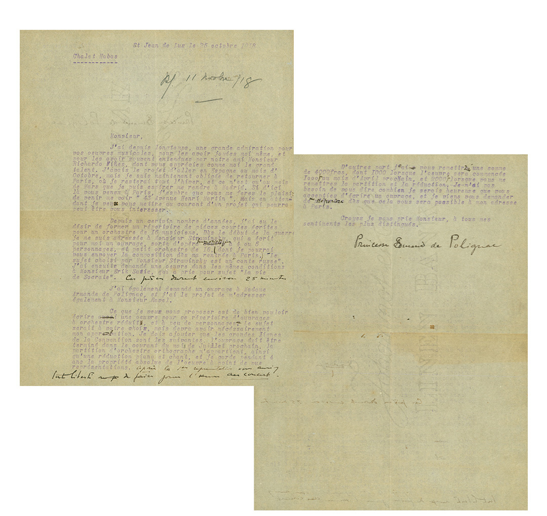 Carta de la princesa de Polignac a Manuel de Falla encargándole la obra que finalmente sería El retablo de maese Pedro