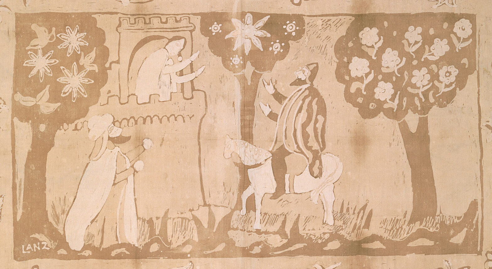 [Imagen] Don Gayferos y Melisentra, y el rey Marsilio de Sansueña. Dibujo de Hermenegildo Lanz, 1926-1927 para las guardas de una carpeta.